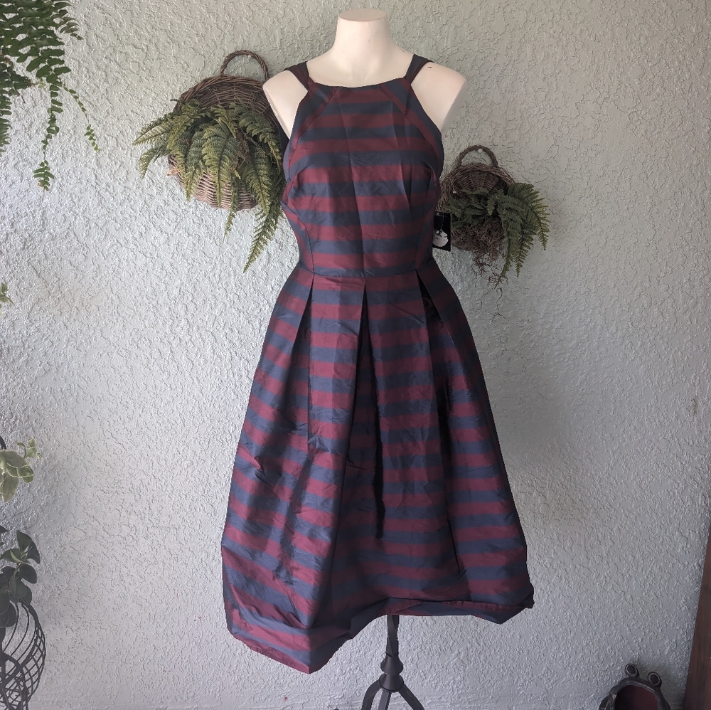 Eva Franco‎ Bouffant Dress Fit & Flare Tank Halter Orange Navy w/ Pockets Size 8